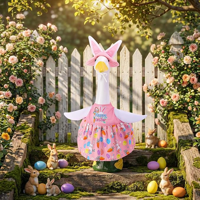 Watayo 2 Pcs/Set Easter Bunny Porch Goose Outfits, Spring Easter Rabbit Lawn Goose Clothing Costume, Garden Goose Clothes Pink Dress and Bunny Ears Hat for 23" High Statue Outdoor Patio Yard Decor