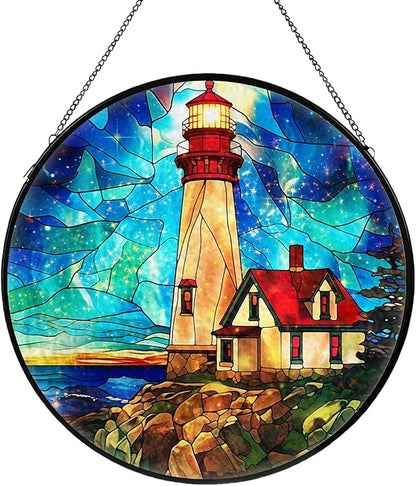 Lighthouse Stained Glass Window Hanging, Suncatcher Diamond Glass Panel Hangings, Suncatchers Indoor Windows Wall Art Decor, Gift for Mom Grandma, Christmas Decor for Home Office Garden 7.87 inches