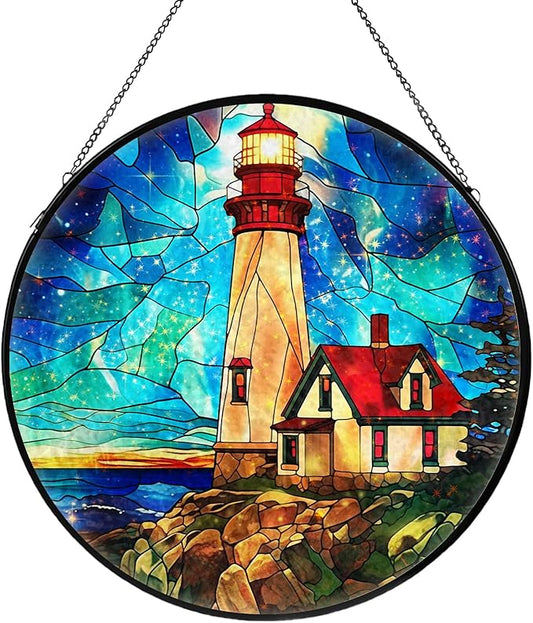 Lighthouse Stained Glass Window Hanging, Suncatcher Diamond Glass Panel Hangings, Suncatchers Indoor Windows Wall Art Decor, Gift for Mom Grandma, Christmas Decor for Home Office Garden 7.87 inches