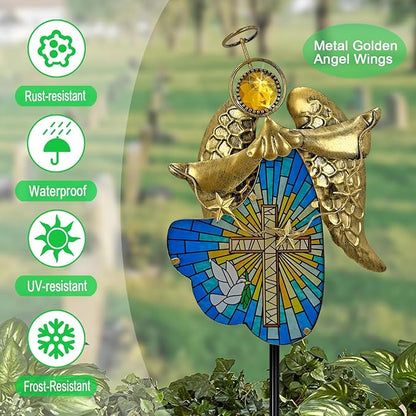 Solar Cross for Cemetery Grave,Metal Angel Garden Stake Pathway Light for Yard Patio Cemetery,Solar Angel Garden Decor Statue for Outside,Memorial Gifts for Women