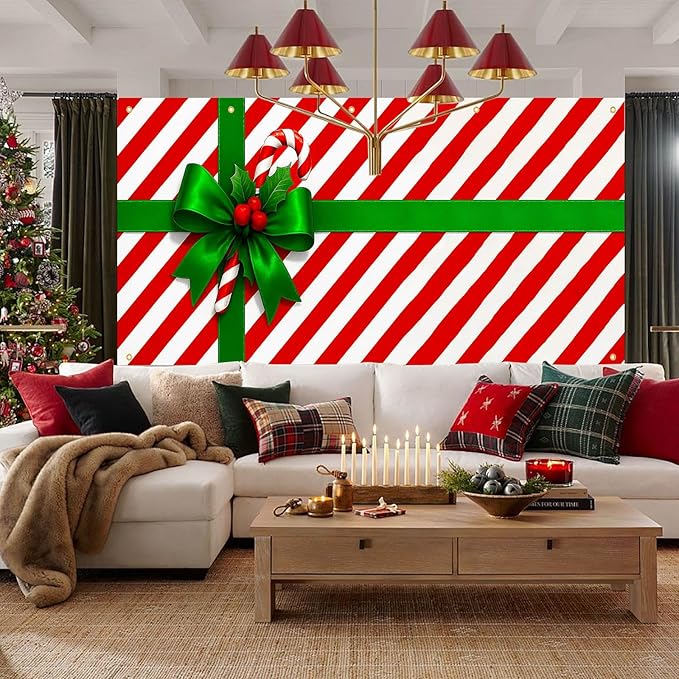 HOMETITUTE Christmas Garage Door Banner 13x6ft Gift Wrap Bow Ribbon Theme Backdrop Seasonal Christmas Decor Winter Door Cover Banners for Outside Garage Wall Covering for Party Garage Decorations