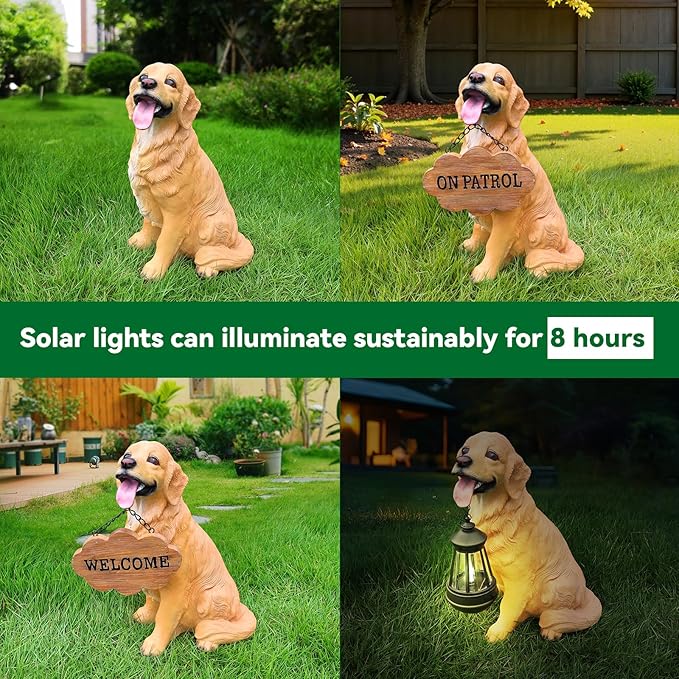 Adorable Golden Retriever Dog Sculpture with Solar-Powered Lantern & Charming 'On Patrol' & 'Welcome' Signposts - Outdoor Resin Statue for Garden, Patio, Yard Decor