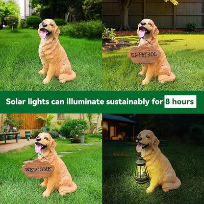 Adorable Golden Retriever Dog Sculpture with Solar-Powered Lantern & Charming 'On Patrol' & 'Welcome' Signposts - Outdoor Resin Statue for Garden, Patio, Yard Decor