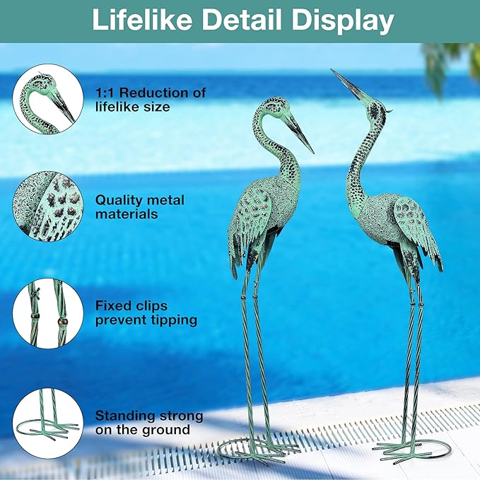 Large Garden Crane Statues & Sculptures - Metal Heron Sculpture Set with Lifelike Patina Bronze Metal Yard Art for Pond, Patio, Lawn - Heron Statue Unique Outdoor Decoration Gift for Women