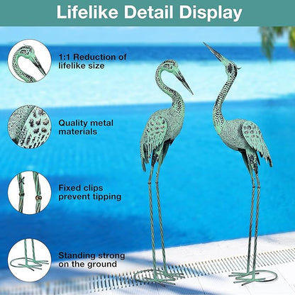 Large Garden Crane Statues & Sculptures - Metal Heron Sculpture Set with Lifelike Patina Bronze Metal Yard Art for Pond, Patio, Lawn - Heron Statue Unique Outdoor Decoration Gift for Women