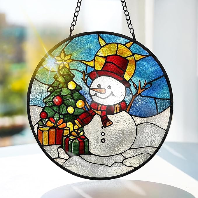 Bimkole Snowman Stained Glass Suncatcher Window Hanging - Christmas Tree Indoor Window or Doorway Decoration - Handmade Sun Catcher Decor for Garden Home Christmas & Birthday Gifts 7.87x7.87 Inch