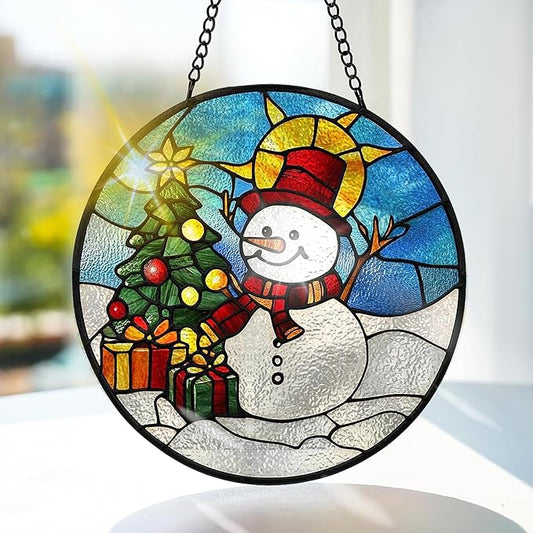Bimkole Snowman Stained Glass Suncatcher Window Hanging - Christmas Tree Indoor Window or Doorway Decoration - Handmade Sun Catcher Decor for Garden Home Christmas & Birthday Gifts 7.87x7.87 Inch