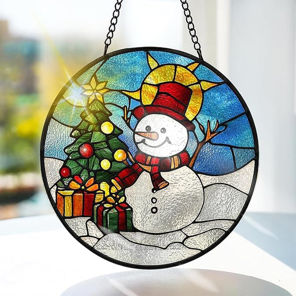 Bimkole Snowman Stained Glass Suncatcher Window Hanging - Christmas Tree Indoor Window or Doorway Decoration - Handmade Sun Catcher Decor for Garden Home Christmas & Birthday Gifts 7.87x7.87 Inch