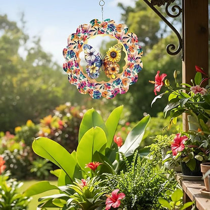 12 Inch 3D Kinetic Wind Spinner for Garden and Yard, Laser-Cut Stainless Steel, Mesmerizing Hanging Decor for Outdoor Patio & Indoor, Butterfly Bloom-10