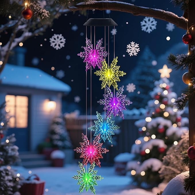 Snowflake Wind Chime,Christmas Solar Wind Chimes for Outside,Waterproof Hanging Solar Lights 6 Color Changing LED Light Windchime Outdoor Decor Gift for Holiday Garden Porch Patio Yard Decor