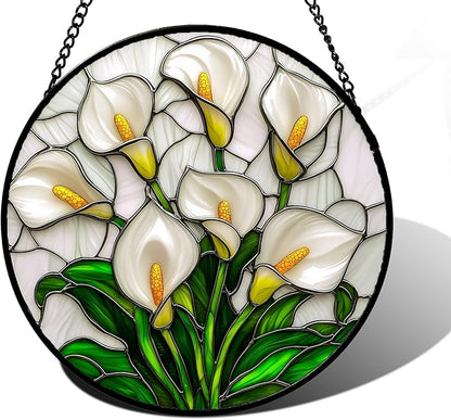 DASTOLL Stained Glass Window Hanging, White Calla Lily Suncatcher Diamond Glass Panel Hangings Flowers Sun Catchers Decor for Birthday for Women, Men, Wife, Aunt, and Mom 9.8 in