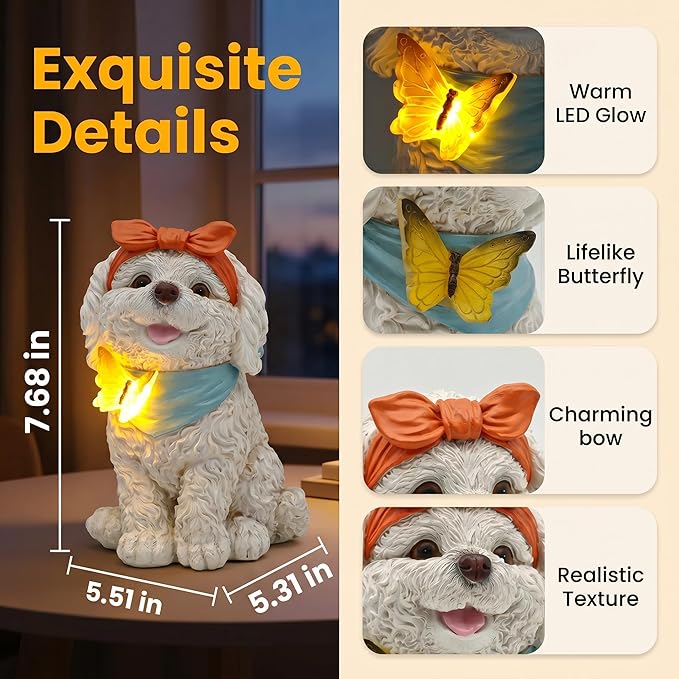 Solar Garden Poodle Statue, Detachable Ground Stake, White Resin Puppy with LED Butterfly and Blue Scarf, Waterproof Yard Decor for Patio, Lawn, Porch, Pathway, and Gift Giving