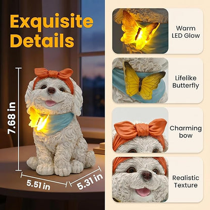 Solar Garden Poodle Statue, Detachable Ground Stake, White Resin Puppy with LED Butterfly and Blue Scarf, Waterproof Yard Decor for Patio, Lawn, Porch, Pathway, and Gift Giving