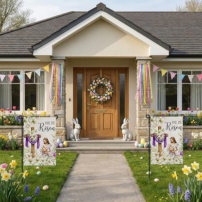 He Is Risen Easter Garden Flag 12x18 Inch Double Sided Outside flag, Jesus, Lamb, Cross, Bouquet of Lilies Yard Outdoor Easter Holiday Decoration