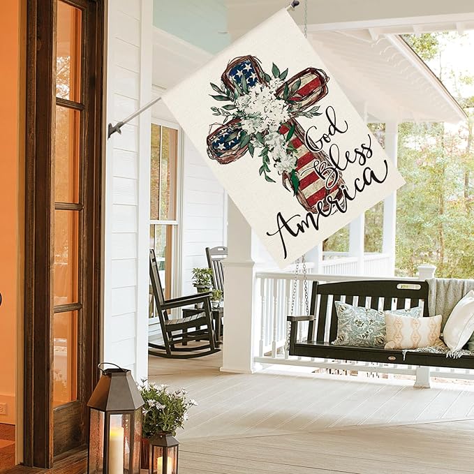 AVOIN colorlife God Bless America Stars and Stripes House Flag 28x40 Inch Double Sided, Memorial Day 4th of July Patriotic Lily Cross Yard Outdoor Decoration