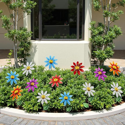 10 Pack 15.7" Outdoor Flowers, Metal Yard Art, Metal Flowers for Outside, Garden Stakes Decorative, Plants Garden Decor (Mix A)