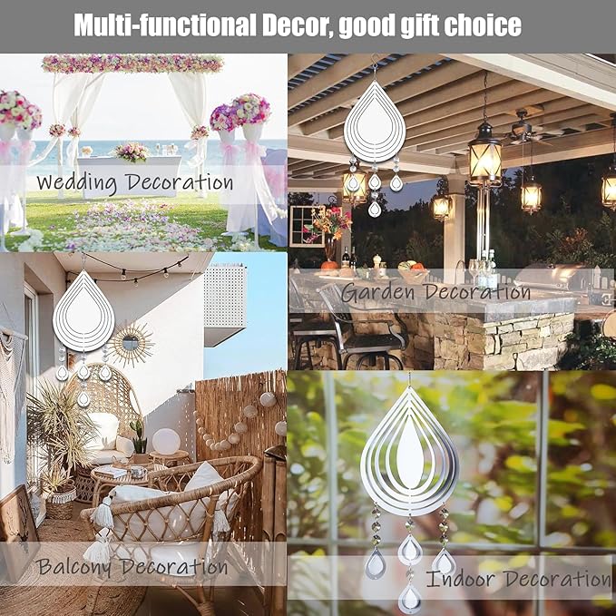 4Pack 8inch Sublimation Wind Spinner Blanks 3D Aluminum Metal Wind Sculpture Kinetic Spinners for Yard and Garden Indoor Art Ornaments Hanging Decoration (Waterdrop Pendant)