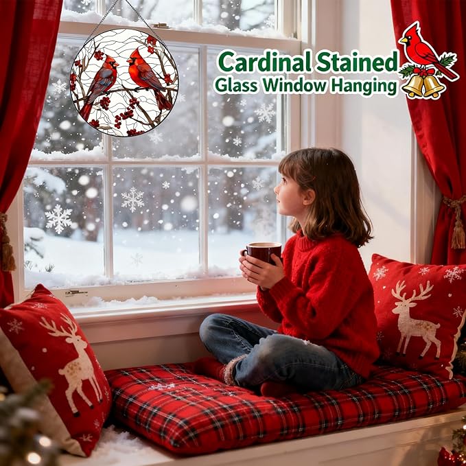 Red Cardinal Stained Glass Suncatcher - Handmade Christmas Window Hanging for Home Garden Deco