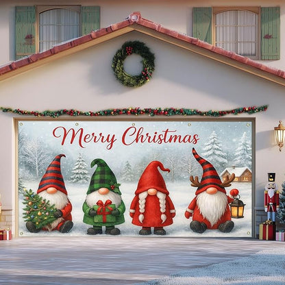 IVN Christmas Garage Door Cover Decoration 13x6ft Gnomes Snow Scene White Background Gift Tree Merry Christmas Garage Door Banner Home Door Front Yard Decor for Xmas Eve Holiday Outdoor