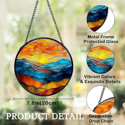 Mountain Sunset Suncatchers Stained Glass Window Hanging, Nature Mountain Landscape Sun Catchers Indoor Window Glass Round Wall Decor, Nature Wall Hanging Decorations, 7.9x7.9in