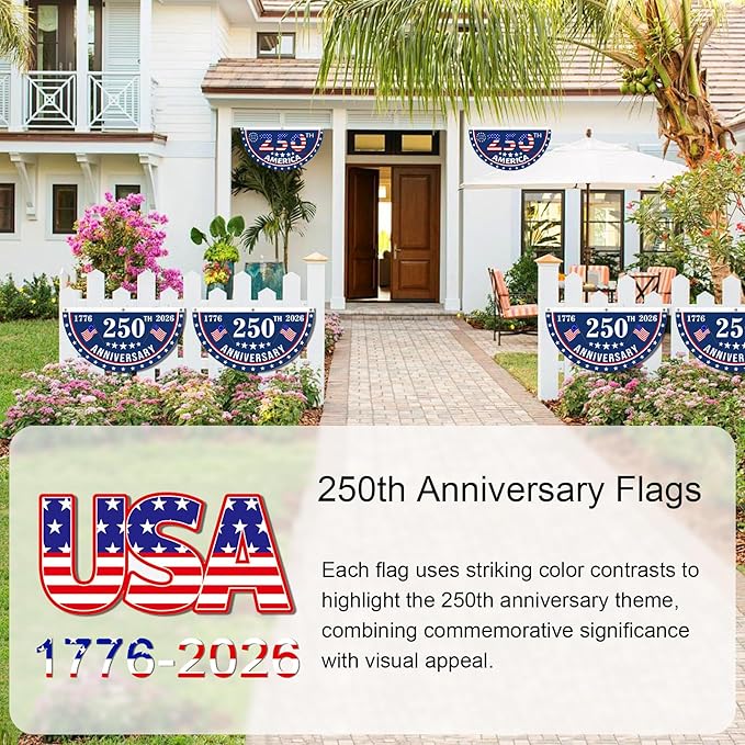 2PCS USA Anniversary 250th Flag, 1.5X3 FT Anniversary Fan Flags, Yard Signs Hanging Decor for Outdoor, Front Door, Porch, Welcome Backdrop with Brass Grommets (Style 2)