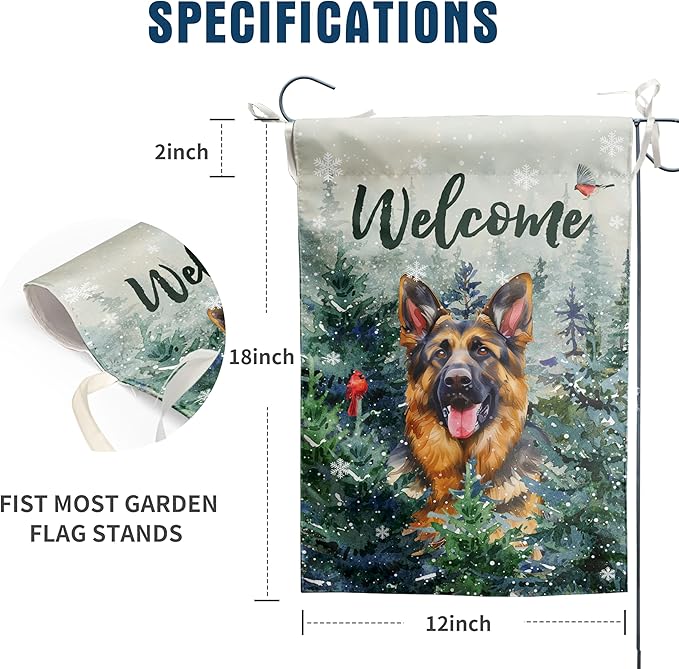 Welcome Winter Garden Flags German Shepherd Garden Flag Cardinal Birds on Snowy Pine Tree Flag Dog Yard Flags for Outside 12x18 Double Sided Christmas Decorative