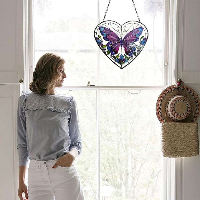 Butterfly Stained Glass Window Hanging, Blue-Purple Butterfly Suncatcher Window Wall Garden Decor with Chain, Heart Suncatchers Gift for Women, Mom, Wife, Aunt, 7.9 in