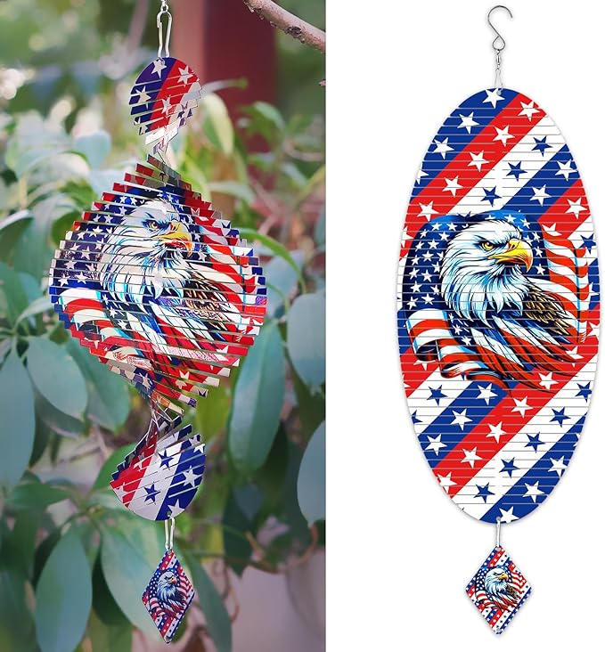 Silver American Flag Eagle Patriotic Helix Metal Wind Spinners for Yard and Garden,12 Inch 3D Stainless Steel Hanging Kinetic Yard Art Wind Sculpture Independence Day Decor