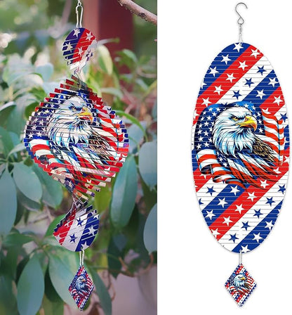 Silver American Flag Eagle Patriotic Helix Metal Wind Spinners for Yard and Garden,12 Inch 3D Stainless Steel Hanging Kinetic Yard Art Wind Sculpture Independence Day Decor