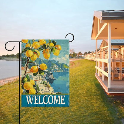 Artofy Welcome Italy Lemon Tree Beach Small Decorative Garden Flag, Amalfi Coast Coastal Town Citrus Yard Lawn Outside Decor, Summer Mediterranean Burlap Outdoor Home Decoration Double Sided 12 x 18