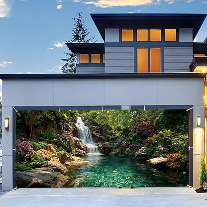 Garage door banner cover, 6x13 ft beautiful waterfall and pond background, Large Outdoor Backyard Landscape Decoration (Waterfall Pond)