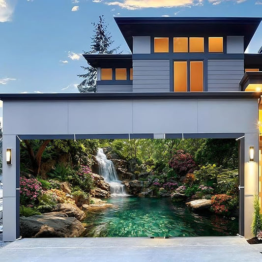 Garage door banner cover, 6x13 ft beautiful waterfall and pond background, Large Outdoor Backyard Landscape Decoration (Waterfall Pond)