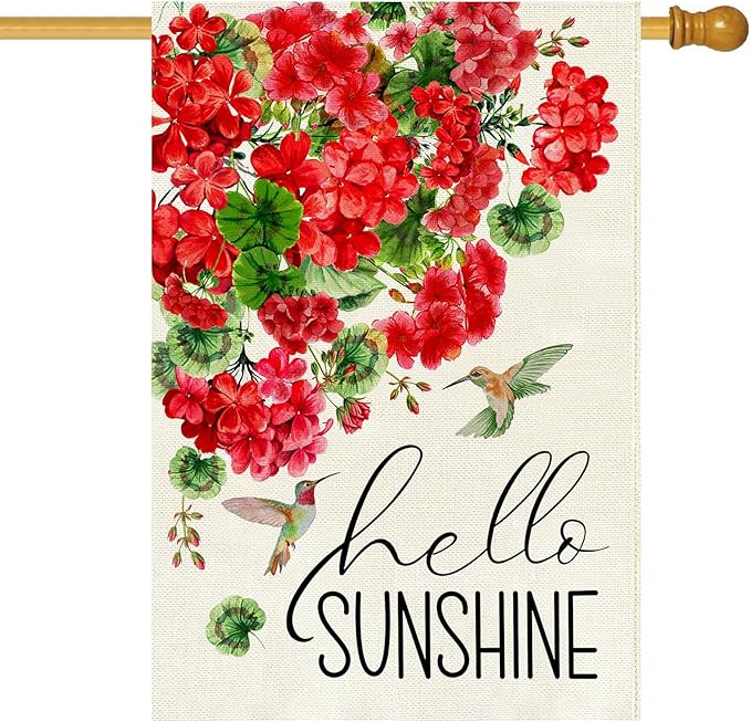 Baccessor Spring House Flag 28 x 40 Inch, Red Geranium Floral Double Sided Burlap Welcome Large Yard Flag Seasonal Holiday Lawn Proch Outdoor Outside Decor