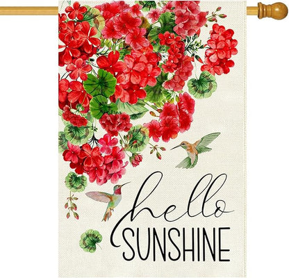 Baccessor Spring House Flag 28 x 40 Inch, Red Geranium Floral Double Sided Burlap Welcome Large Yard Flag Seasonal Holiday Lawn Proch Outdoor Outside Decor