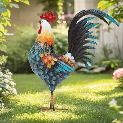 32" Large Metal Rooster Yard Decor, Outdoor Garden Statues, Metal Chicken Sculpture for Backyard Patio Kitchen Living Room Decor