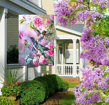Hummingbird Spring House Flag for Outside 28x40 Inch Double Sided Floral Birds Yard Outdoor Flag for Seasonal Farmhouse Outdoor Decoration
