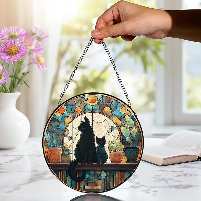 Black Cat Book Lovers Stained Glass Window Hanging, Book Lovers Reader Gifts Suncatchers Sun Catchers Indoor Window Glass Wall Art Decorations, Black Cat Gifts for Women, 7.9x7.9in, Patio