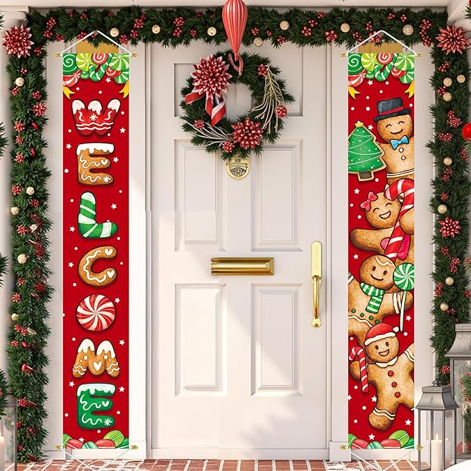 Ivenf Christmas Decorations Outdoor Yard: Cute Gingerbread Man Front Porch Sign Set, Hanging Red Brown Welcome Door Banner Xmas Decorations for Home, Wall Front Door Yard Garage Indoor Outdoor Décor