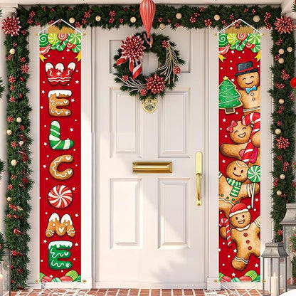 Ivenf Christmas Decorations Outdoor Yard: Cute Gingerbread Man Front Porch Sign Set, Hanging Red Brown Welcome Door Banner Xmas Decorations for Home, Wall Front Door Yard Garage Indoor Outdoor Décor