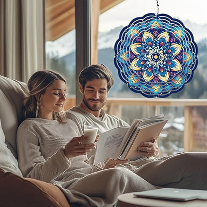 Wind Spinners Outdoor, Hanging Wind Spinner for Garden Decoration, 8 inch 3D Stainless Steel Metal Wind Sculpture for Indoor/Outdoor Decor, Mandala E