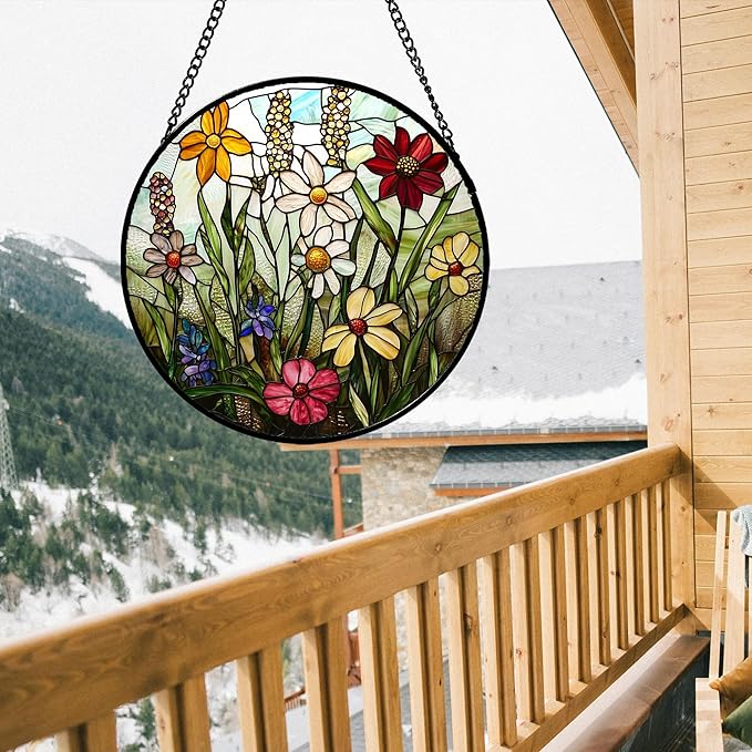 DASTOLL Stained Glass Window Hanging, Colorful Wildflowers Plant Scenery Suncatcher for Doors Window Home White Green Sun Catchers Decor Mother's Day Birthday Gifts for Women, Men Mom 7.8 in