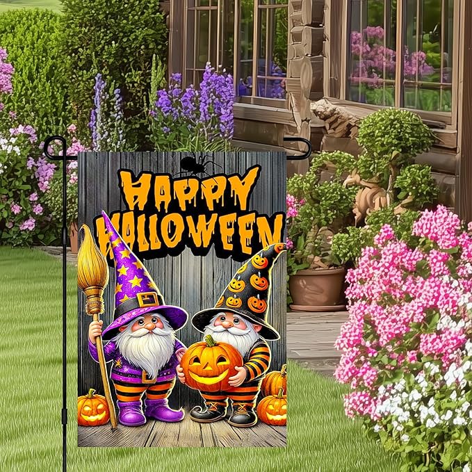 BlissYard Halloween Horror Garden Flag 12x18 Inch Pumpkin Gnome Happy Halloween Flag Lantern Flames Outdoor Yard Decor House Banner Porch Lawn Patio Home Decoration