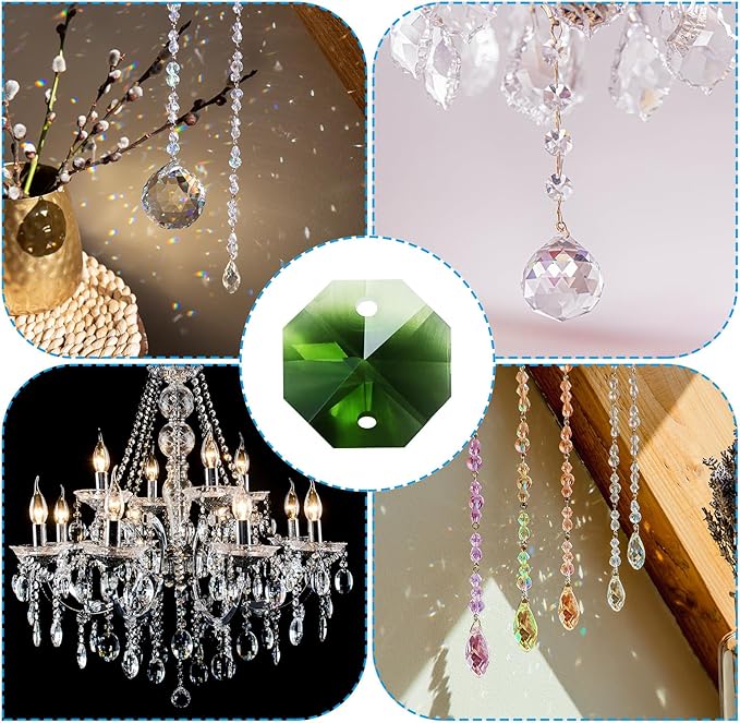 PATIKIL K9 Crystal Octagon Beads 2 Holes Pendants, 60 Pack 14mm Chandelier Prisms Parts Ornaments Hanging Beads for DIY Arts Crafts Decoration, Green