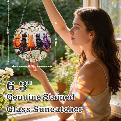 Cat Stained Glass Window Hanging with Hook – 6.3" Handcrafted Suncatcher, Vibrant Decor for Living Room Office, Unique Gifts for Women, Mom, Teen Girls, Cat Lovers