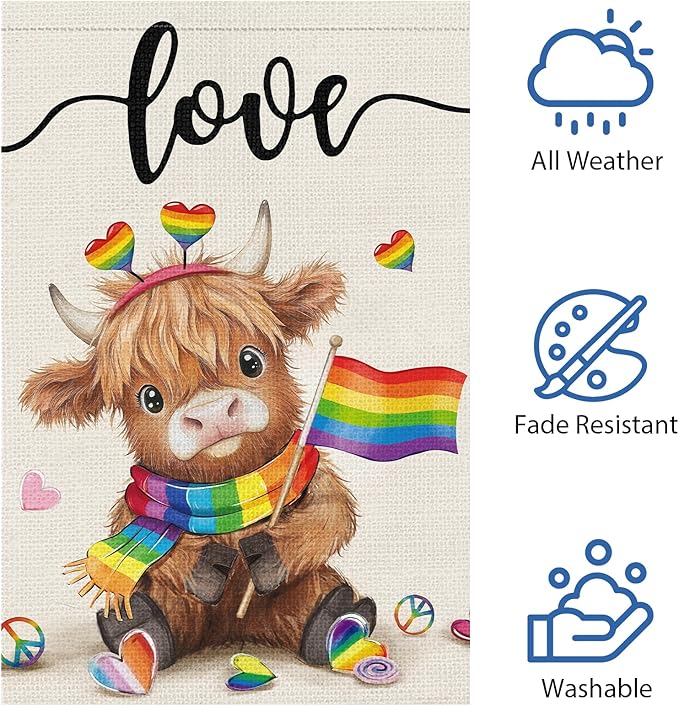 Heyfibro Love Cute Highland Cow Pride Garden Flag 12x18 Double Sided Burlap, Rainbow Heart Pattern Gay Lesbian LGBT Pansexual Yard Banner for Pride Month Outdoor Decoration (ONLY FLAG)