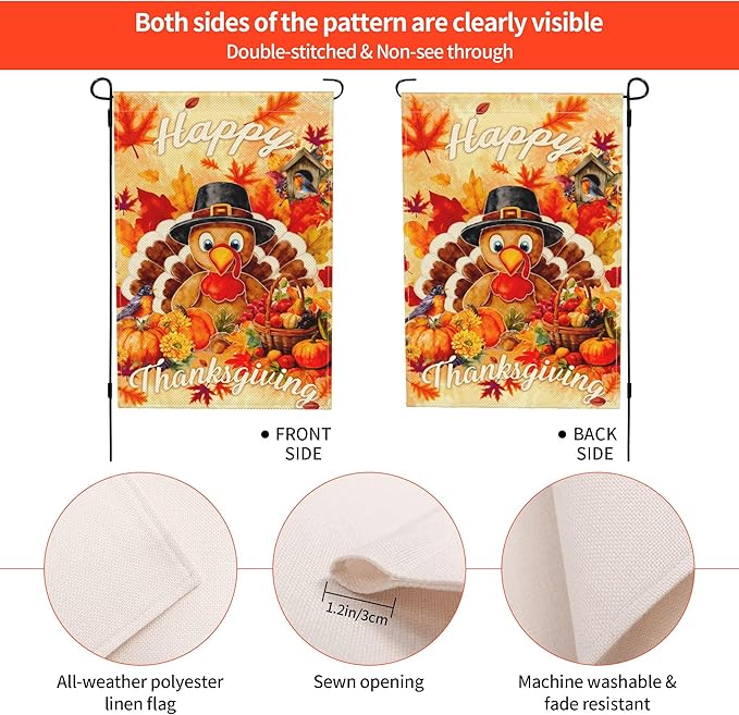 Thanksgiving Turkey Pumpkin Garden Flag Seasonal Double Sided 12 x 18 Inch Small Yard Flag for Indoor Outdoor Decor Holiday All Seasons