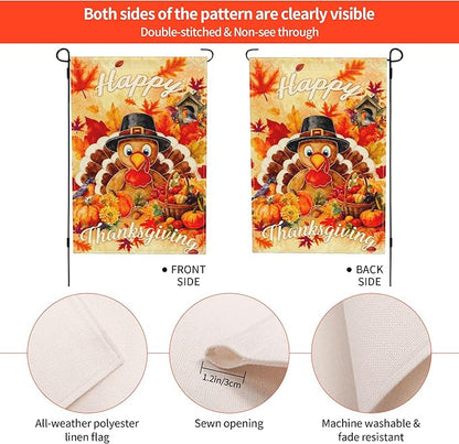 Thanksgiving Turkey Pumpkin Garden Flag Seasonal Double Sided 12 x 18 Inch Small Yard Flag for Indoor Outdoor Decor Holiday All Seasons