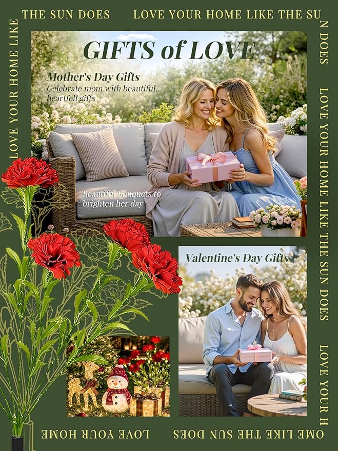 GIGALUMI Solar Lights Outdoor for Garden Decor, 2 Pack Solar Flower Lights Waterproof, 2 Lighting Modes 14 Carnations for Pathway,Yard, Patio Decoration, Gardening Gifts for Women (Red)