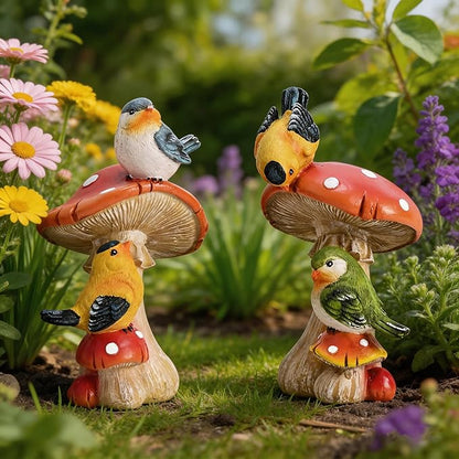 TERESA'S COLLECTIONS Garden Decor, Set of 2 Cute Birds and Mushrooms Garden Decor, Waterproof Resin Garden Statue, Birds Gift, Garden Gift for Women Mom, Indoor/Outdoor