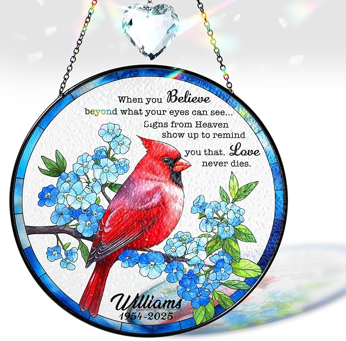 Personalized Cardinal Memorial Stained Glass Suncatcher, Red Cardinal Window Hanging Suncatcher with Crystal, Sympathy Gifts for Loss of Loved One, Remembrance Gifts for Grandparent, Mom, Home Décor